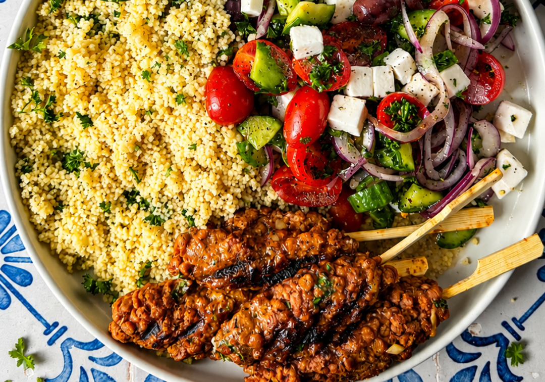Keftas végétaliennes à la PVT sur couscous à la grecque