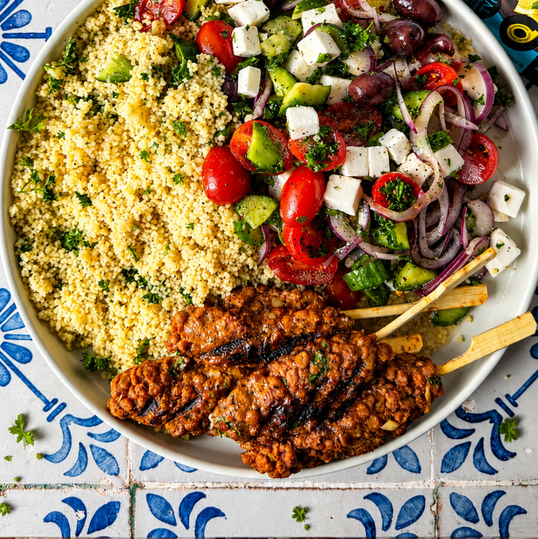 Keftas végétaliennes à la PVT sur couscous à la grecque