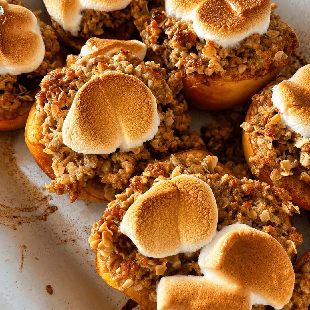 Pêches rôties au crumble de PVT & guimauves grillées - LES BRUTES